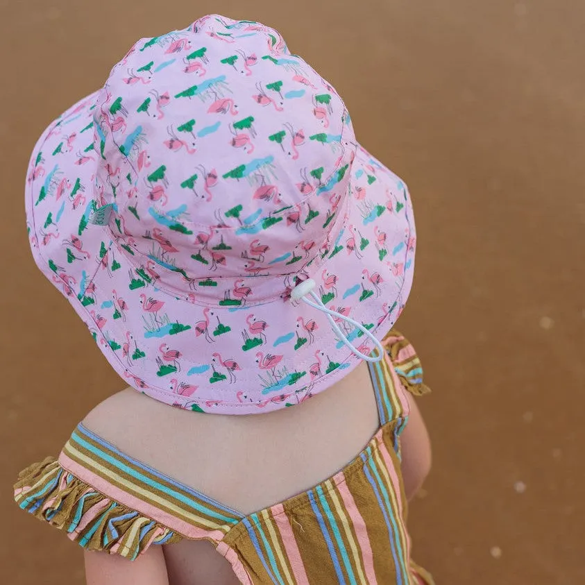 Acorn Kids: Broad Brim Bucket Hat Dancing Flamingo Pink Blue  Green
