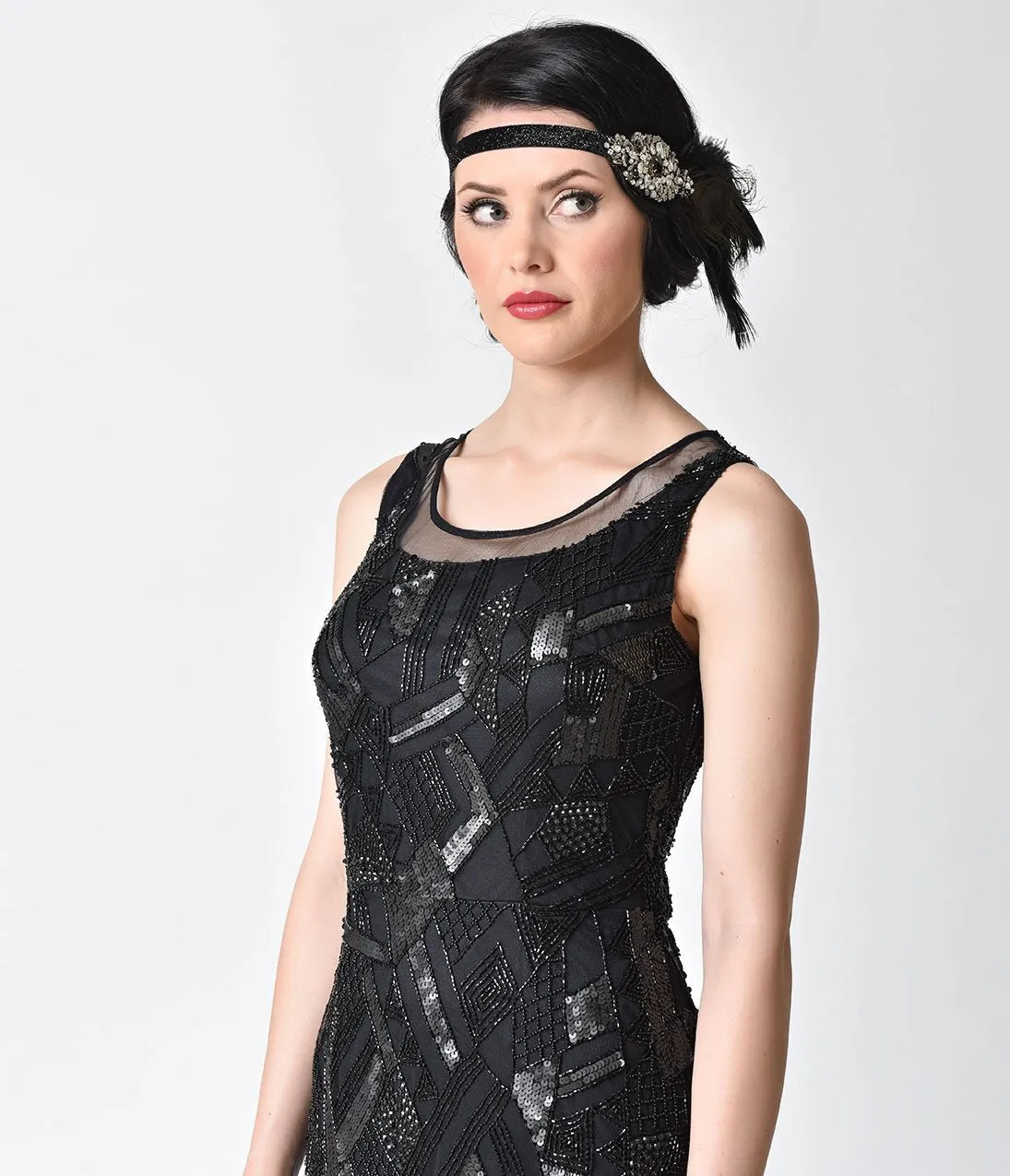Unique Vintage Black & Silver Jeweled Dark Peacock Feather Headband